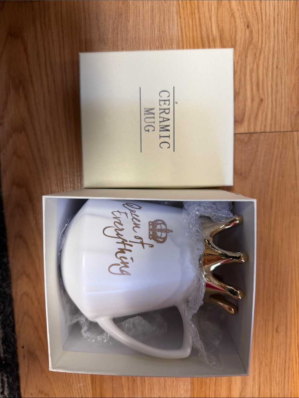 White Ceramic 'Queen of Everything' Crown Mug with Gold Accent